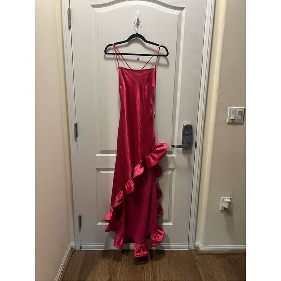Line & Dot Satin asymmetrical ruffle hem Maxi Dress pink DRESS vacation size S - Picture 1 of 7